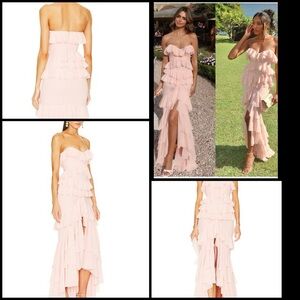 MICHAEL COSTELLO X REVOLVE OLEKSANDRA STRAPLESS BLUSH PINK RUFFLE TIERED GOWN XS